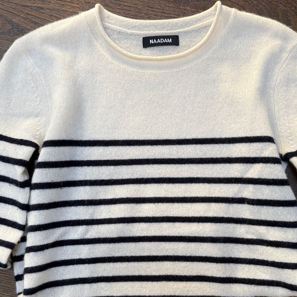 NAADAM Striped Cream and Black crewneck Sweater 100% CASHMERE - Picture 3 of 4